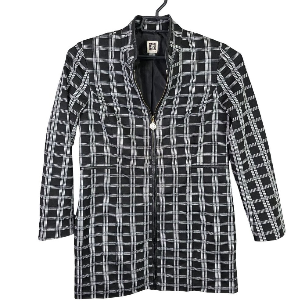 Womens Anne Klein Black & White Plaid Long Blazer Jacket Polyester Blend Size M